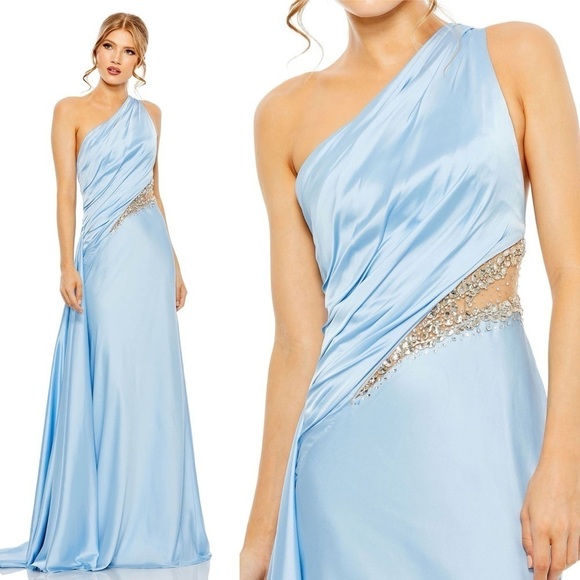 NEW MAC DUGGAL ONE SHOULDER EMBELLISHED SATIN GOWN IN POWDER BLUE  SIZE 4 - Picture 16 of 17